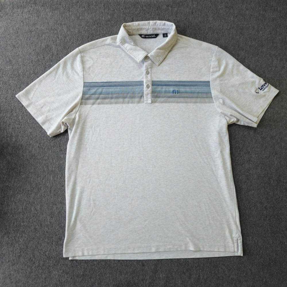 TravisMathew Polo Shirt XL Gray Striped Love's Golf Classic Logo Golfcore EUC